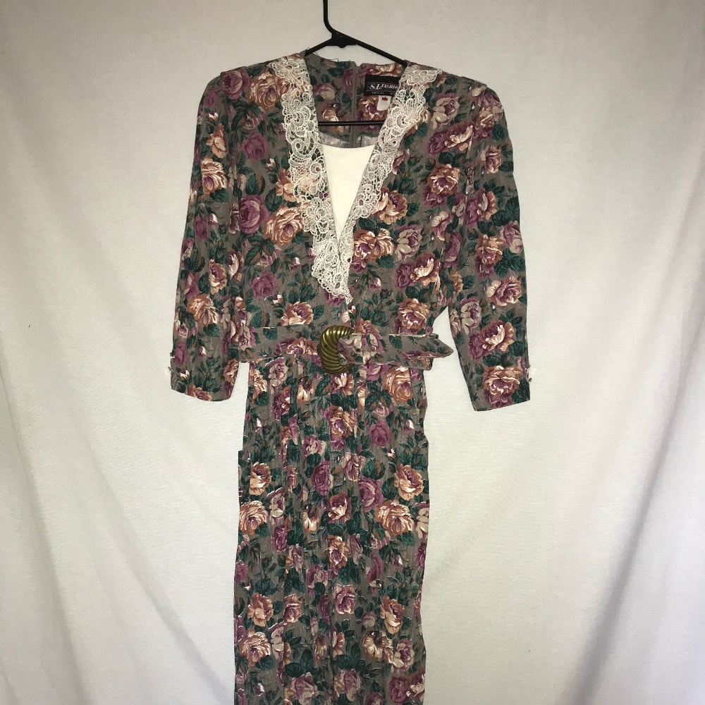 Vintage Floral S.L Fashion Dress-Sz 8-Vintage Belted Dress